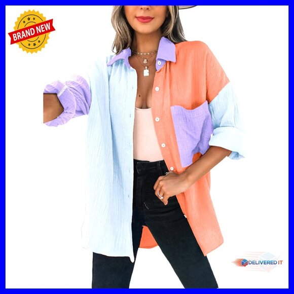 Tops - Oversized Boyfriend Button Down Blouse Long Sleeve Color Block Chic Y2K